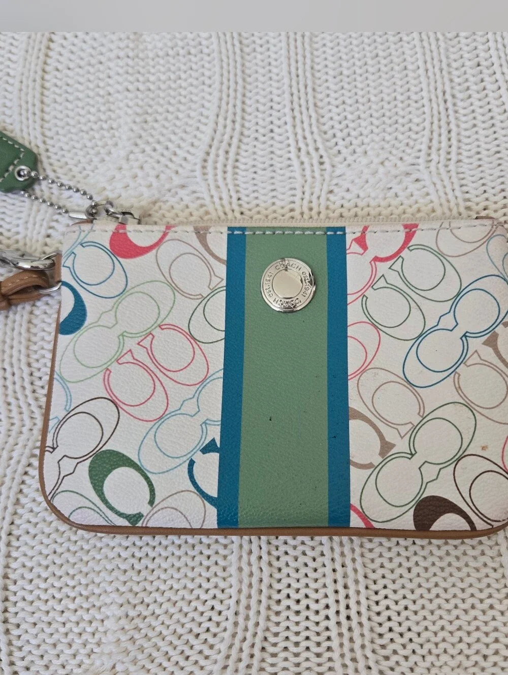 Coach Chelsea Heritage Stripe Cream Multicolor Logo Wristlet Green & Blue Stripe